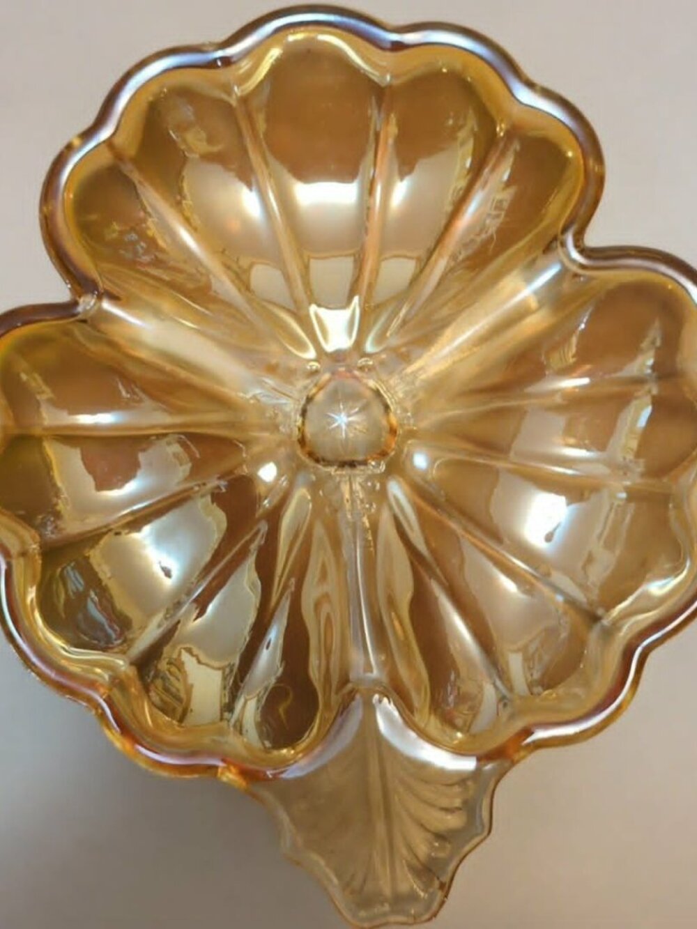 Vintage Jeannette Marigold Carnival Glass Clover Leaf 3 Section Dish MCM Irrides